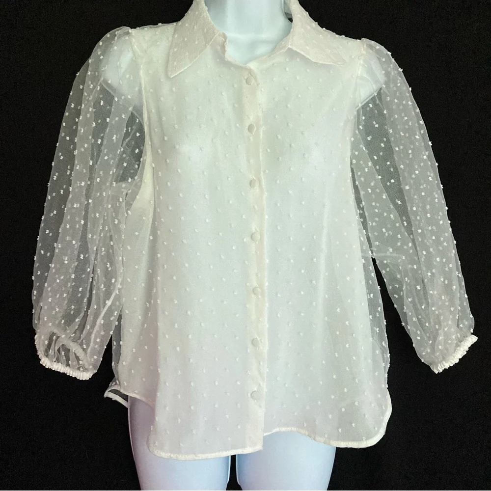 Zara White Swiss Dot Sheer Puff Sleeve Organza Button Up Blouse, Sz S